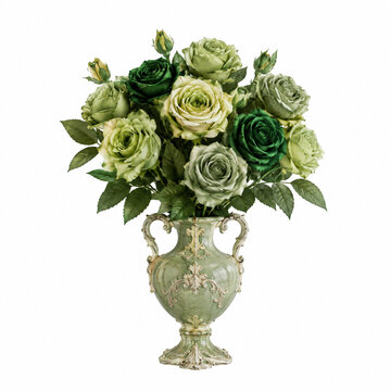 A detailed arrangement of green and cream roses with lush leaves in an ornate vintage-style vase, suitable for decorative or floral design projects.