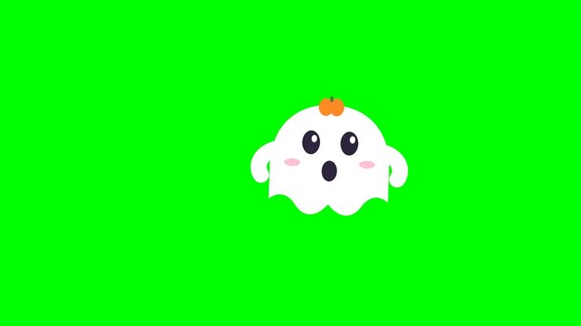 Cute kawaii Halloween ghost animation featuring a playful chibi ghost floating gently on a clean solid green screen background