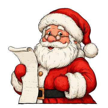 Illustration of Santa Claus holding a long scroll with a list on black background