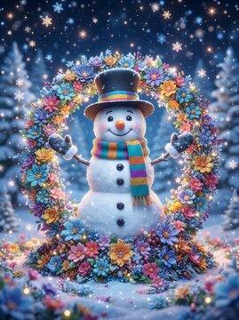 Festive snowman wearing top hat surrounded by colorful flowers in a winter wonderland scene