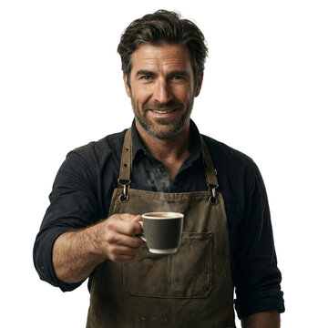 Barista offering hot coffee isolated on transparent background featuring a 48 year old Mediterranean male in rugged apron