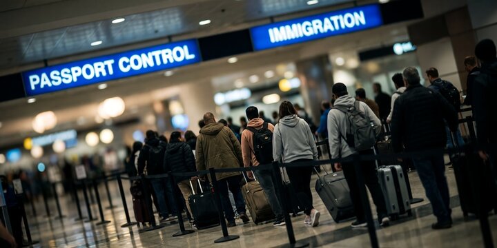 Airport passport control queue showing passengers waiting in line, immigration checkpoint signage and luggage handling, representing international travel procedures and border security