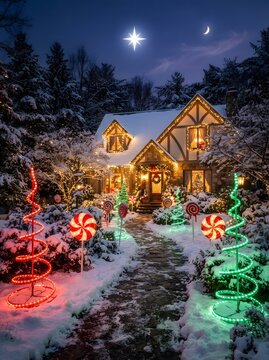 Festive winter house decorated with christmas lights and candy canes in a snowy landscape