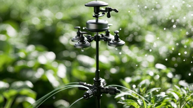 Garden sprinkler distributing water in green foliage