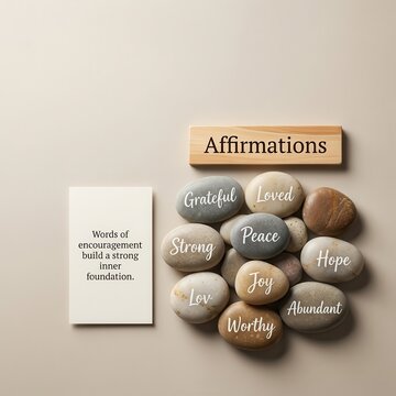 Positive affirmation stones with encouraging words on a soft background