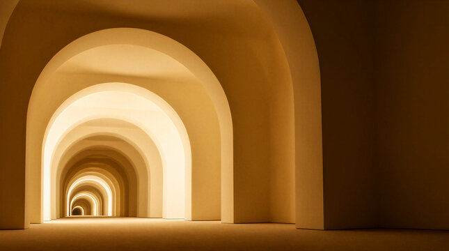 Architectural interior featuring a recursive pattern of glowing fractal arches receding into distance