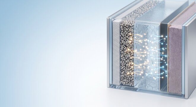 hydrogen fuel cell stack cross section illustrating chemical reaction with energy particle flow for green maritime technology