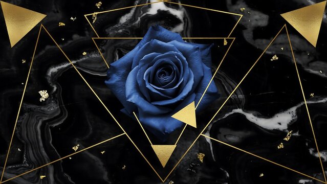 Dark blue rose centered on black marble background, with geometric gold, triangle frames