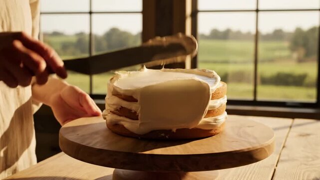 Baker spreading white frosting on sponge cake in rustic kitchen