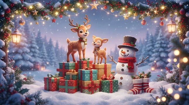 Festive winter scene with reindeer snowman and gifts in a snowy forest landscape