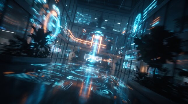 Futuristic smart office interior showcasing digital interface overlays, holographic data visualization and glowing light trails, representing artificial intelligence and cyber innovation