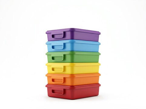 Stack of colorful plastic food storage containers with lids in a vertical row. colorful stackable boxes