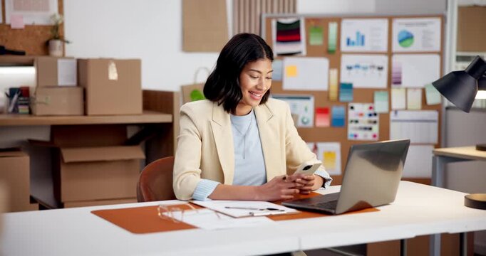 Ecommerce, woman and smile in office with phone, search website data and online store trend ideas. Happy, person and typing in small business with tech, app insights and stats for sales optimization.