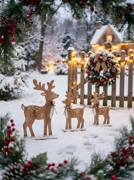 Festive winter scene with wooden reindeer decorations and a snow covered cottage background
