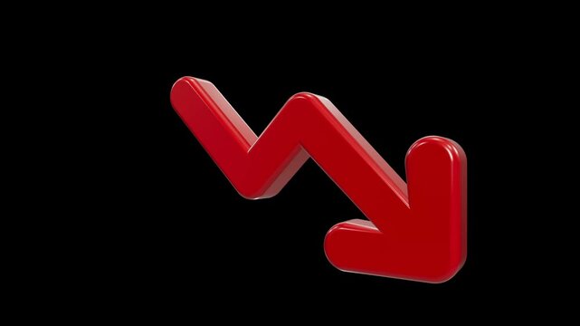 Glossy 3D red zigzag arrow pointing downwards against black background