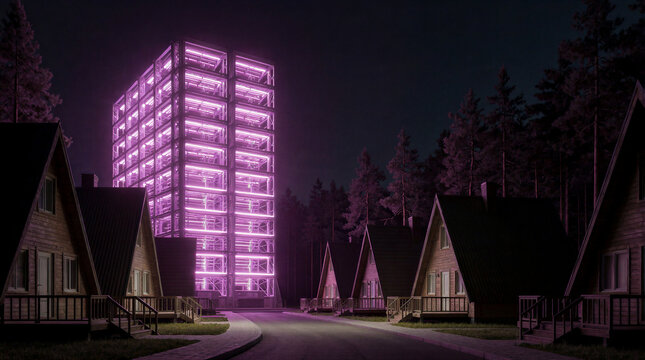 Residential cul-de-sac overshadowed by a colossal brightly lit server farm emitting a cool magenta glow at night