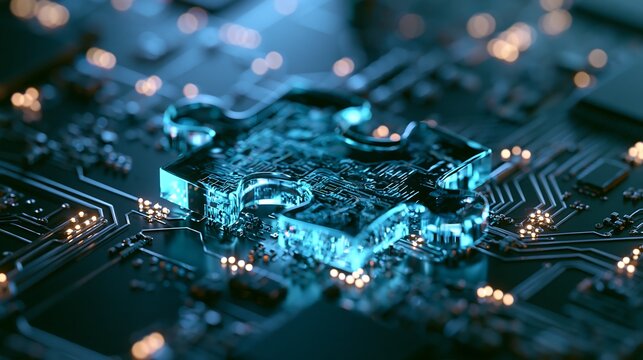 A glowing glass puzzle piece on a circuit board, isolated on transparent background. Concept for technology integration and digital logic solutions.