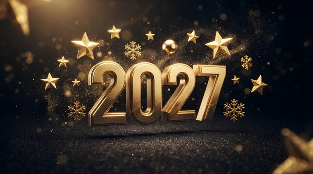 Golden new year 2027 celebration with sparkling stars and festive glitter on dark background