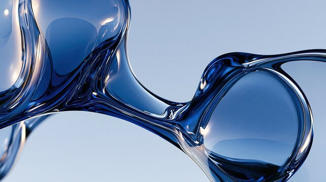 Abstract curvy shape made of glossy transparent blue glass, modern 3D decorative element with smooth reflective surface on light background