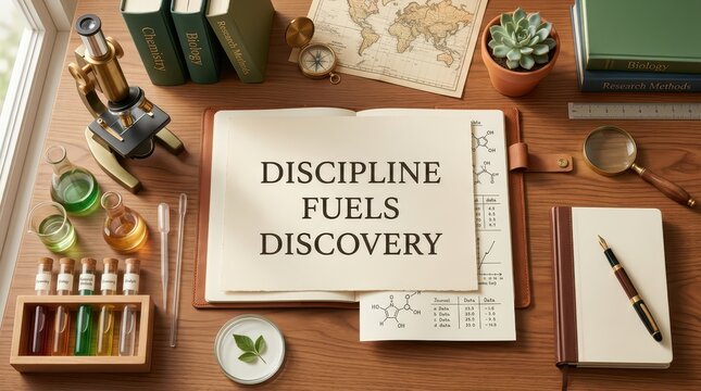 Discipline Fuels Discovery: Science and Education Desk with Microscope, Books, and Formulas