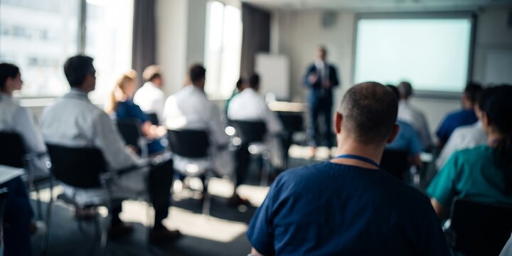 Blurred medical conference audience in a seminar hall showcasing doctor attire, presentation screen and seated attendees, illustrating professional healthcare training and medical education