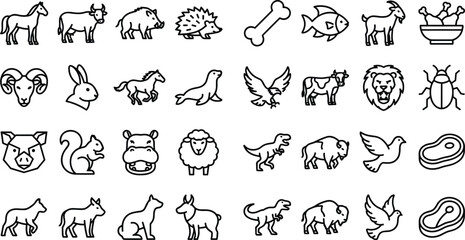 Fototapeta premium Animal Line Icon Mega Set Featuring Domestic Pets Wildlife Farm Mammals Dinosaurs Birds and Meat Food Symbols for Education and Graphic Design
