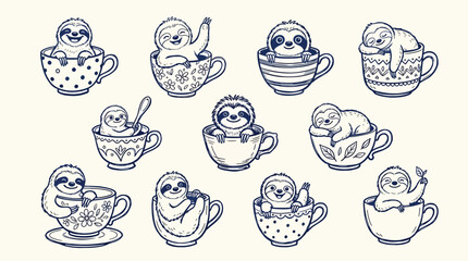Fototapeta premium Charming collection of hand drawn sleepy sloths relaxing inside various decorative porcelain teacups showcasing playful poses and serene expressions for creative craft projects and textile
