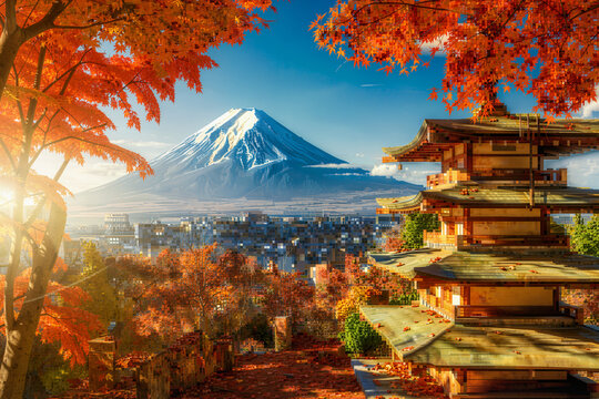 The a wooden Japanese pagoda frames a scenic view of a city and a majestic snowy mountain, enveloped by vibrant red autumn foliage.