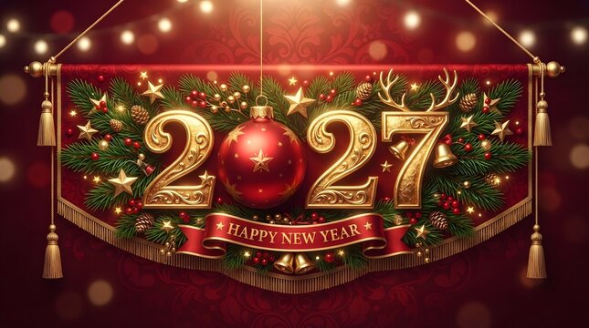 Golden new year banner with reindeer antlers and festive decorations for happy new year celebrations