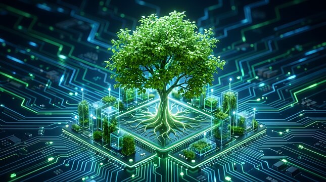 Green tree growing from a digital circuit board representing sustainable technology