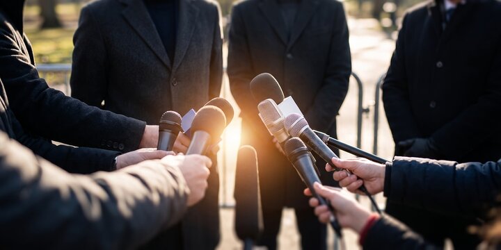 Press conference microphones held by journalists featuring media interview, news reporting and public statement, representing freedom of speech and political communication