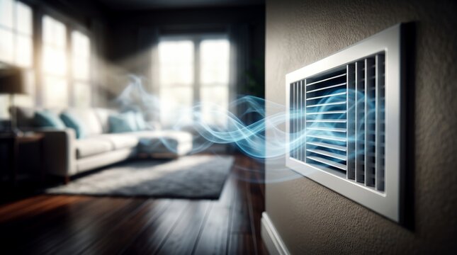 Modern home hvac air vent featuring cool air flow, clean ventilation system and cozy living room interior, representing indoor thermal comfort and climate control