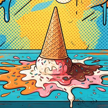 A vibrant pop art poster of an inverted ice cream cone, melting onto a table. 