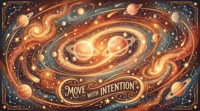 Cosmic Galaxy Swirl with Planets and Stars, "Move With Intention" Text