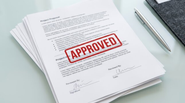 Approved project proposal document with a red rubber stamp seal and signature on an office desk ready for business implementation and corporate