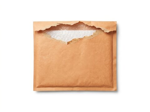 Torn Padded Bubble Mailer on White Background