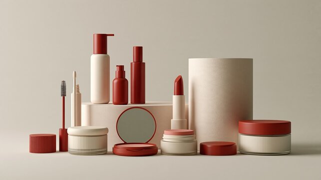 Collection of cosmetics beauty makeup skincare products with lipstick mascara cream moisturizer powder compact in elegant minimalist red and beige packaging