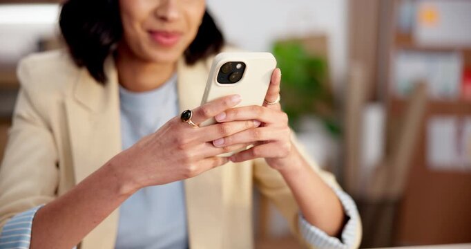 Hands, phone and business woman in office for social media, event planning promotion or online post. Mobile, happy person and typing text message for venue campaign, email marketing and update