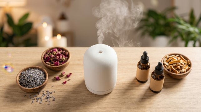 Aromatherapy diffuser releasing scented vapor surrounded by natural organic essential oils lavender flowers and rose petals for holistic wellness