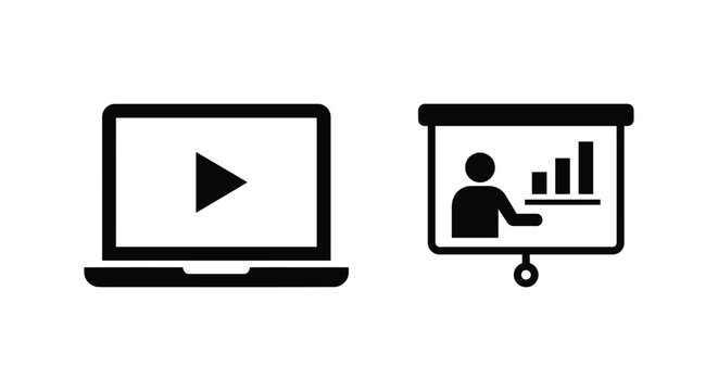 Laptop with play button and presentation chart represent digital learning and data analysis