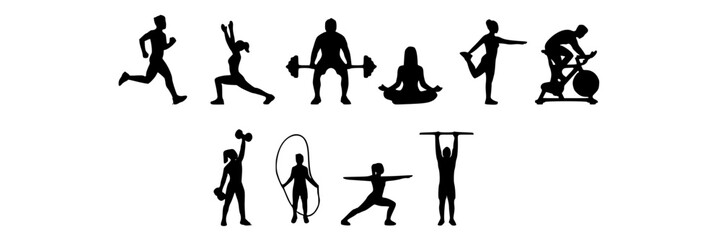 Obraz premium Fitness Exercise Silhouettes Set, Depicting Various Workout Activities. Health and Wellness Icons