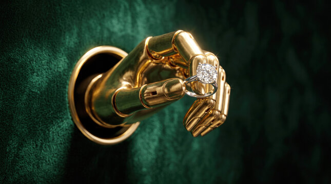 Golden Robotic Hand Holding Diamond Engagement Ring on Green Velvet