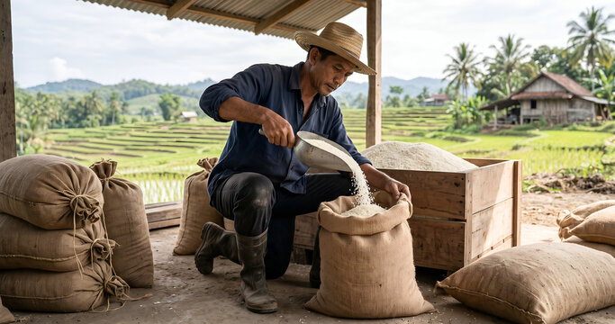 Rice Farmer Packaging Processed Rice for Storage and Sale