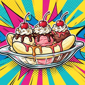A vibrant pop art poster of a colorful banana split, cherries, syrup, nuts.