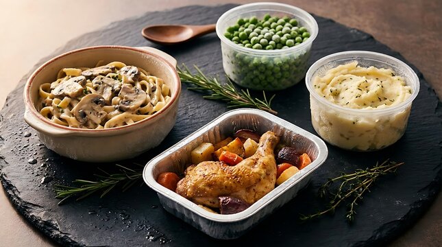 Healthy assorted meal prep containers with chicken vegetables pasta and green peas on dark stone. frozen dinner ideas