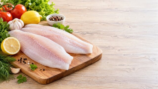 Raw white fish fillets with lemon and vegetables on board, healthy seafood concept for food advertising