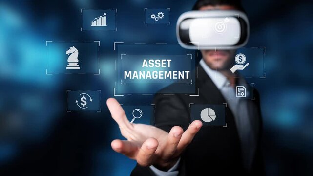 A businessman wearing virtual reality glasses showcases asset management concepts through digital graphics, emphasizing innovation in finance and technology integration. Raster