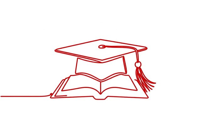 Red single line drawing of graduation mortarboard cap
