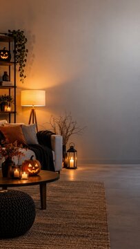 Cozy autumn living room with pumpkin, candle and lantern, seasonal interior with copy space