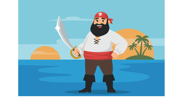 Pirate character standing proudly on a tropical beach holding a sharp cutlass with a small island in the background.